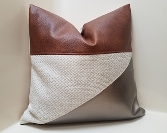 Faux Leather Color Block Pillow Cover: Beige Denim Back