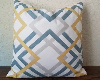 Geometric Print Yellow, Gray, Blue, White Cotton pillow cover. Mid Century pillow. Modern pillow cover. Farmhouse pillow. Mid century pillow