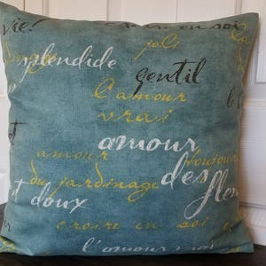 May include: Square teal throw pillow with white, yellow, and black script writing. The pillow has a soft, textured appearance and is placed on a dark brown surface. The script appears to be in French.