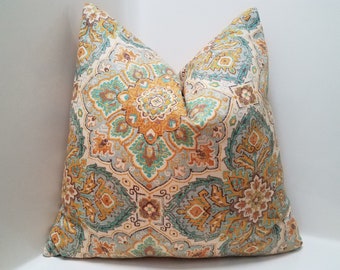 Country Style Pillow Cover: Blue, Teal, and Mustard Medallion Print