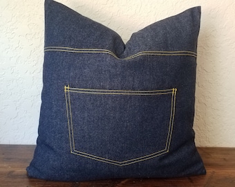 Navy Blue Denim Pillow Cover with Pockets, Denim Patchwork Pillow, Dorm Room pillow, Denim pillow sham, Farmhouse Pillow, Denim throw pillow