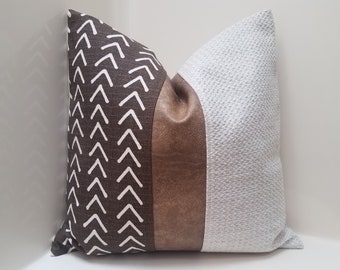 Color Block Pillow Cover: Faux Leather & Mudcloth Accent