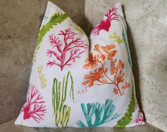 Coastal Pillow Cover: Coral Reef & Sea Grass Print, Multi-Color Cotton