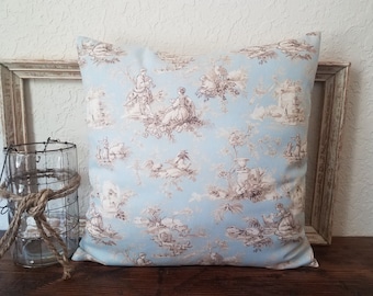 Toile Pillow Cover: Light Blue French Country Farmhouse Decor