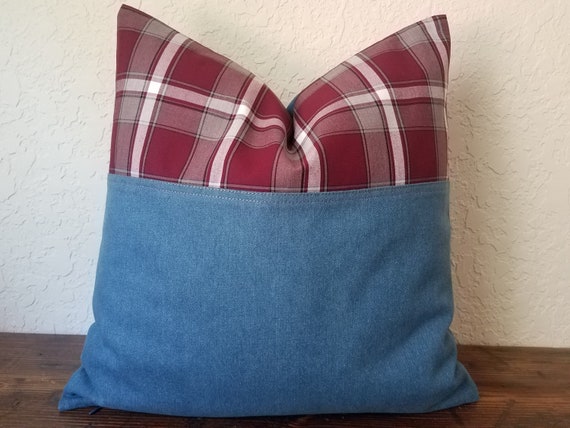 Denim Patchwork pillow Cover Buffalo Oblong Pillow Modern Bohemian in Blue