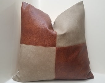 Faux Leather Patchwork Pillow Cover: Beige Accent Pillow