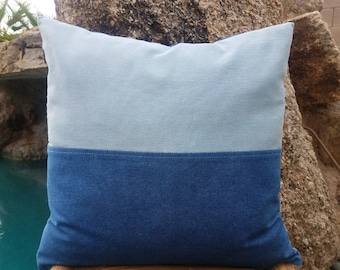 Blue Denim Patchwork Pillow Cover: Color Block Throw Pillow