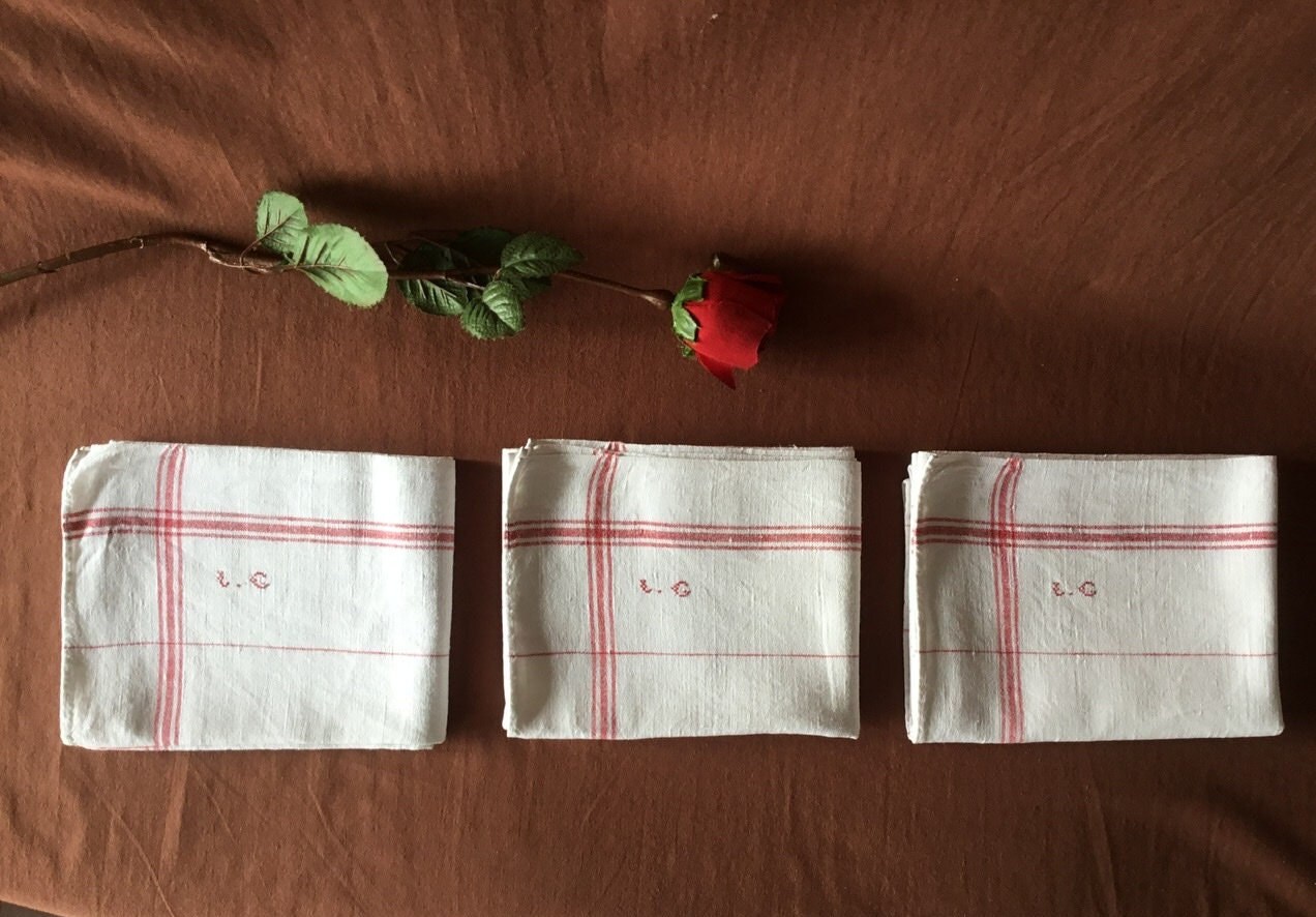 Torchon 3 Torchons en Lin Ancien avec Monogramme Lg ou Lc Français Linge et Dentelle Antiques