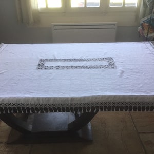 Tischdecke antike handbestickte Leinen Tischdecke mit Spitze Slum. Französisch antike Leinen und Spitze