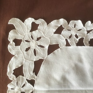Puede incluir: Primer plano de un dise&ntilde;o floral blanco bordado sobre tela blanca. El dise&ntilde;o presenta flores y hojas caladas, con un patr&oacute;n detallado recortado. El fondo es de color marr&oacute;n liso.