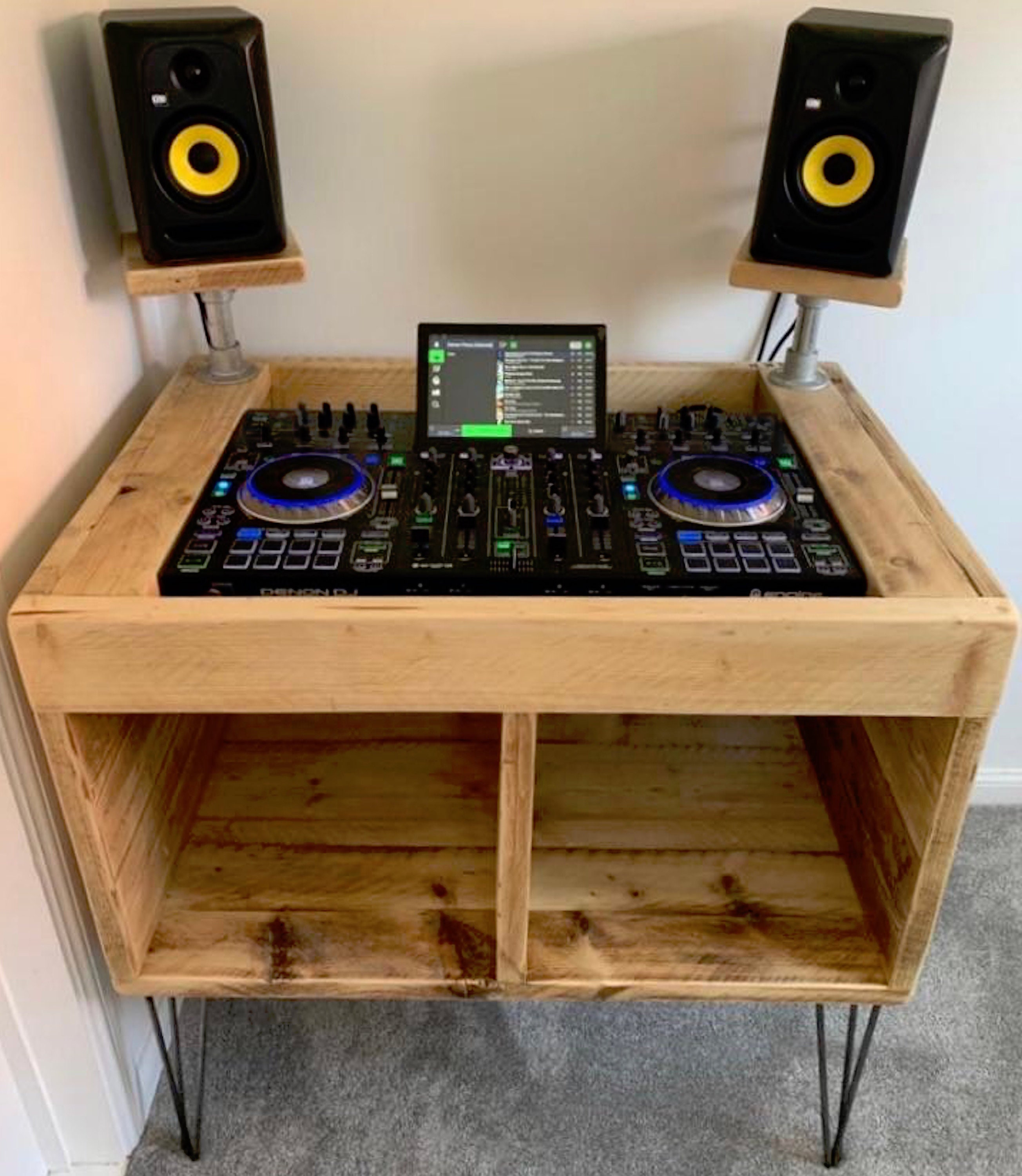 Reclaimed Wood DJ Controller Unit, Hairpin Legs, Speaker Platforms