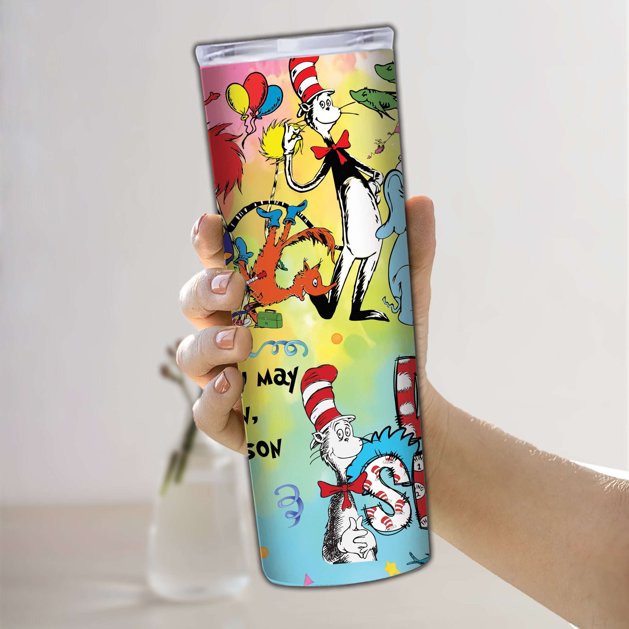 Discover Checked Cartoon Character 20oz Tumbler, Teacher Reading Book Tumbler