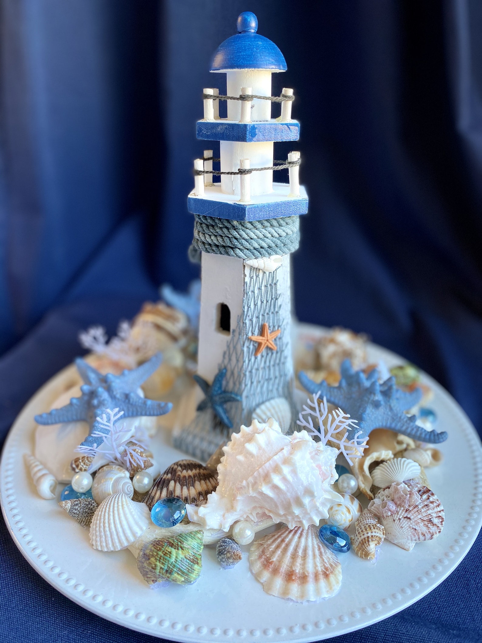 PRICE DROP! Tall Wood Lighthouse Centerpiece W/ Shells, Slate Blue ...