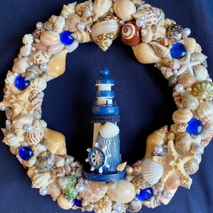 Beach DecorSeashell Wreath with Lighthouse, 11” Diameter - Nautical, Coastal