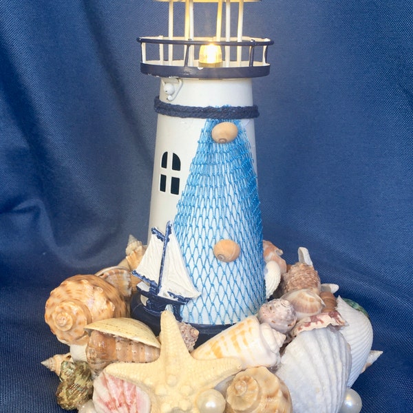 Beach Centerpiece Shells and LED Lighthouse with or without 10” Mirror Base - Coastal- Wedding