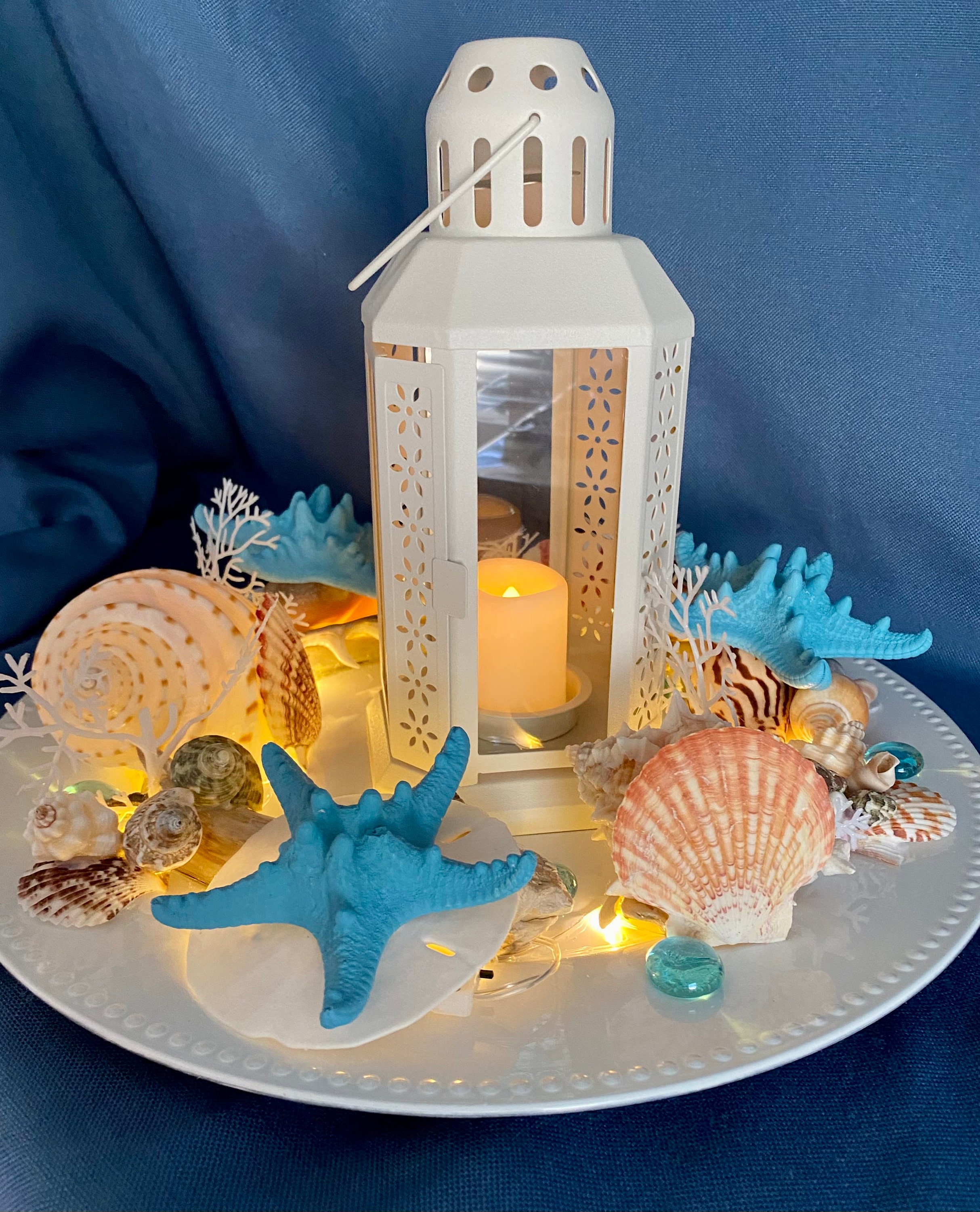 Aqua-white LANTERN Beach Centerpiece W/driftwood, Starfish. Shells