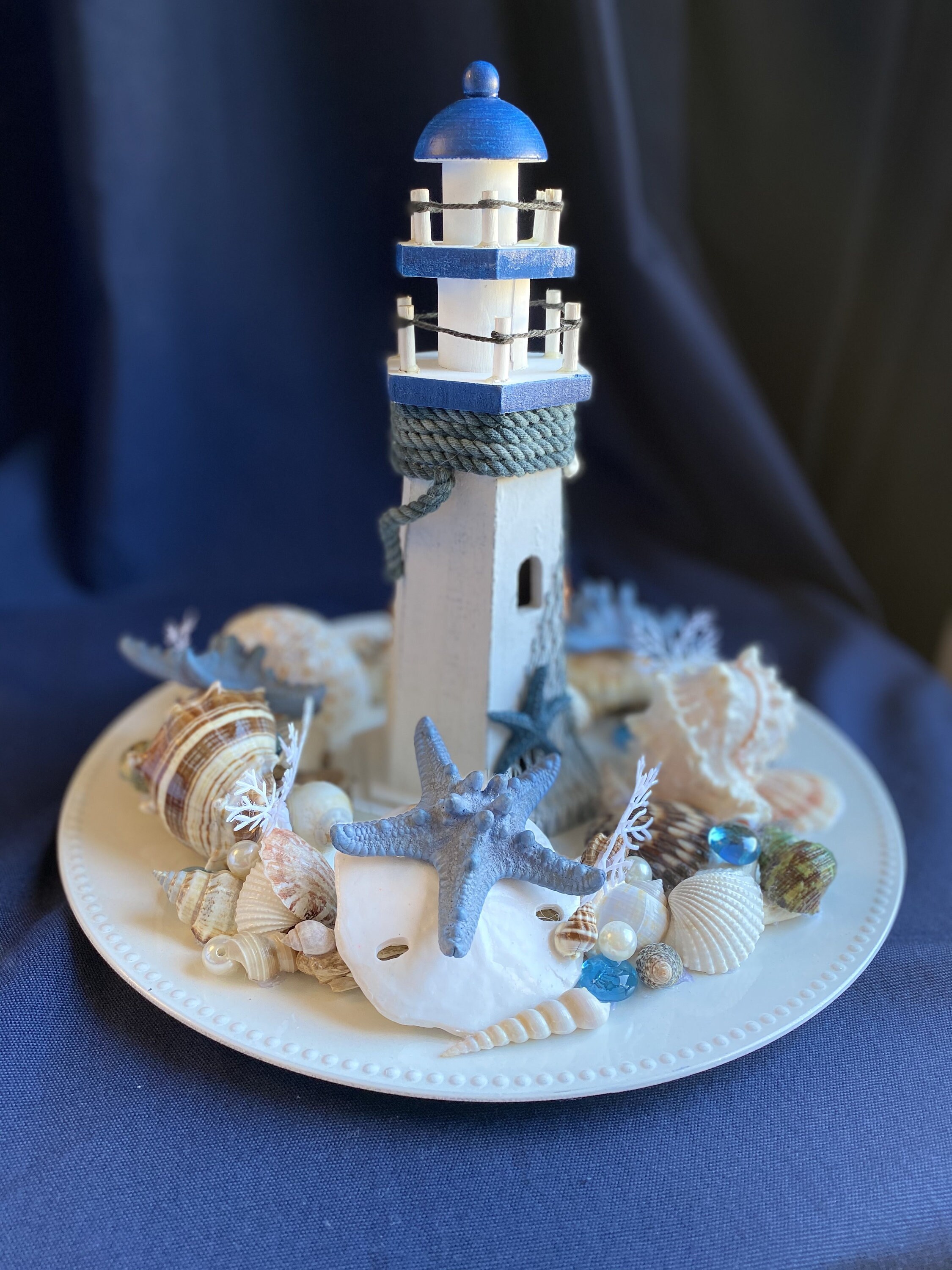 PRICE DROP! Tall Wood Lighthouse Centerpiece W/ Shells, Slate Blue ...