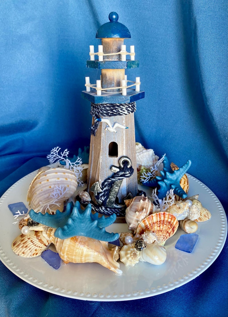 PRICE DROP! Tall Wood Lighthouse Centerpiece W/ Shells, Slate Blue ...
