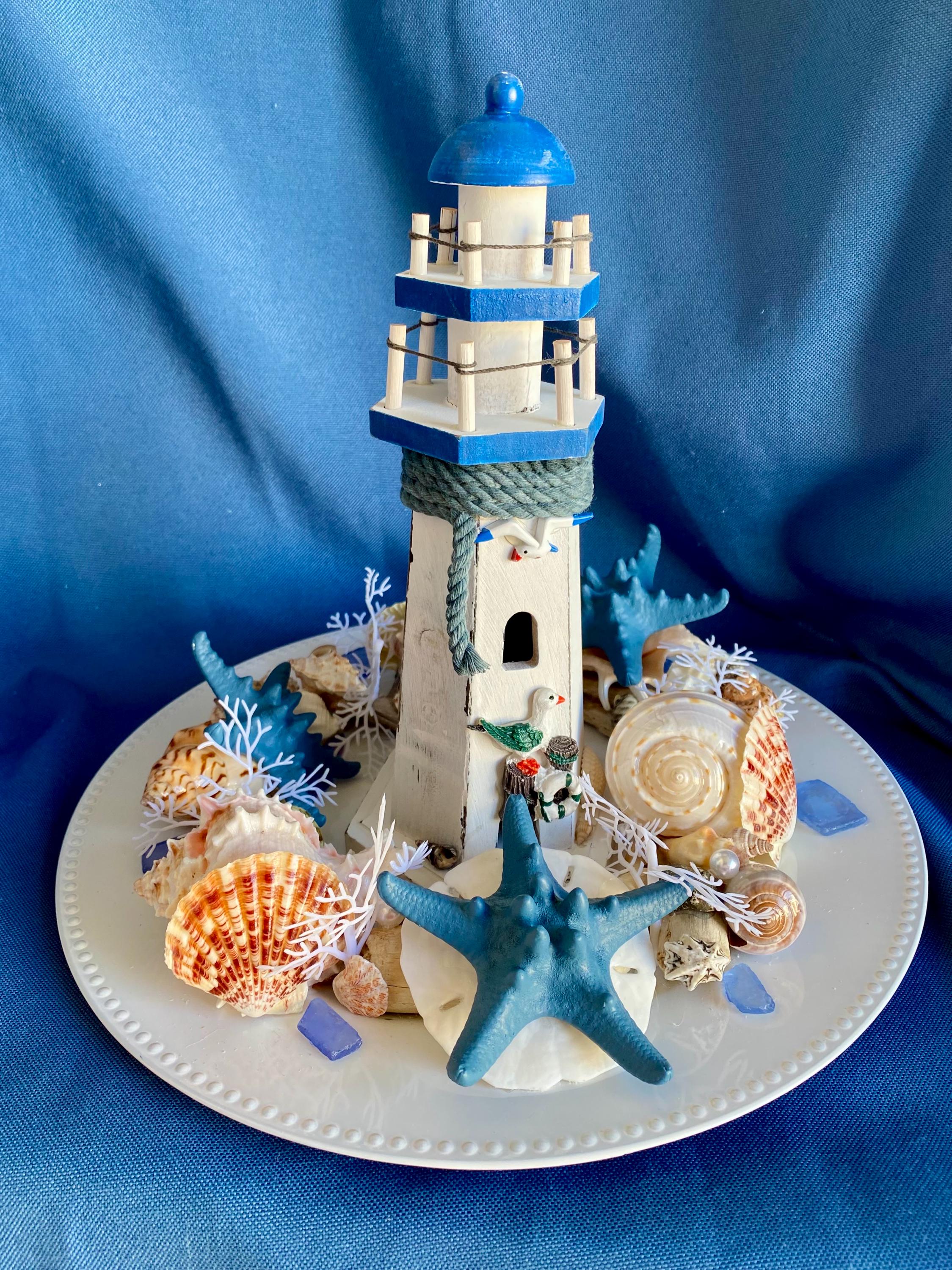 PRICE DROP! Tall Wood Lighthouse Centerpiece W/ Shells, Slate Blue ...