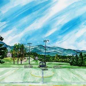 May include: A watercolor painting of a green grassy field with a white line down the middle. There are two benches on each side of the field and a basketball hoop in the center. The field is surrounded by trees and mountains in the background. The sky is blue with white clouds.