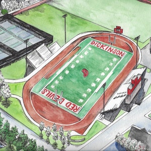 May include: A watercolor illustration of a football field with a running track around it. The field is green with white lines and a red "D" at midfield. The track is red and brown. The words "Dickinson" and "Red Devils" are written on the field.