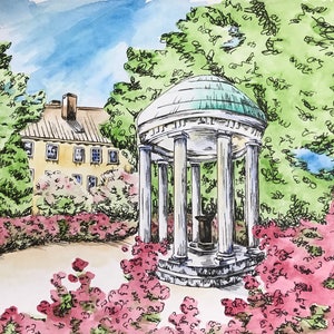 May include: A watercolor painting of a white gazebo with a green roof surrounded by pink flowers. The gazebo has six white columns and a white base. There is a small building in the background with a yellow facade and a red roof.