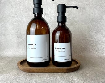 Reusable Amber Glass Bottle 500 ML With Metal Dispenser Pump, White Minimalist Label Design, Shampoo and Conditioner Dispenser Bottle,
