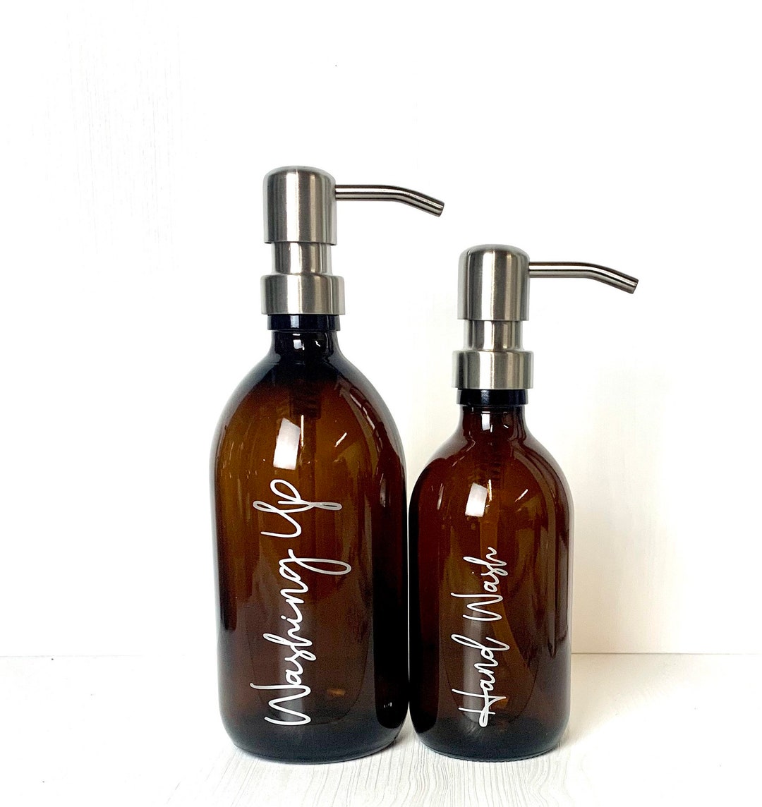 Amber or Clear Glass Bottle Soap Dispenser, Shampoo, Conditioner, Bathroom Bottles With Metal