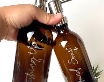 Amber Glass Bottle Soap Dispenser, Shampoo, Conditioner, Bathroom Bottles With Metal Pump, Personalised Gift