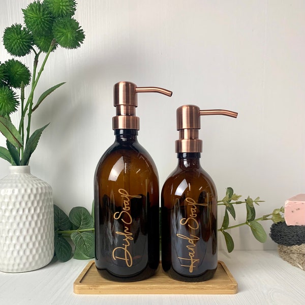 Amber Glass Dispenser | Labelled Bottle With Metal Pump | For Hand Soap, Body Wash, Shampoo And Conditioner | Refillable Eco Friendly