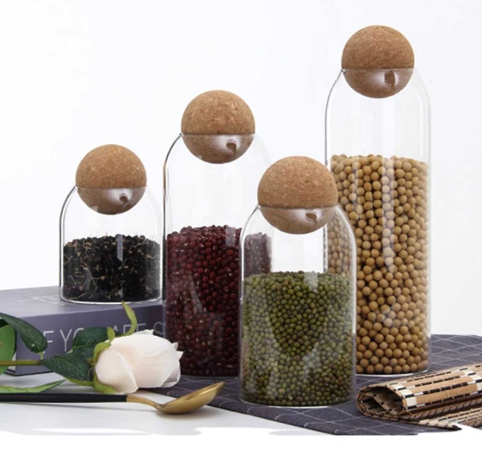 Cork Ball Glass Storage, Reusable Eco Glass Jars With Cork Ball Stopper