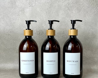 Reusable Amber PET Plastic Bottle 500 ML With Dispenser Pump, White Minimalist Label Design, Shampoo and Conditioner Dispenser Bottle,