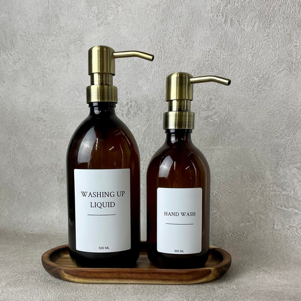 Set of 2 Reusable Amber Glass Bottles with Antique Brass Pump | Hand Wash | Dish Soap For Kitchen Decor, Washing up