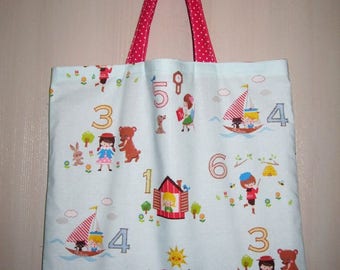 Nice library bag or Tote Bag with a fabric vintage and two handles rembourees figures