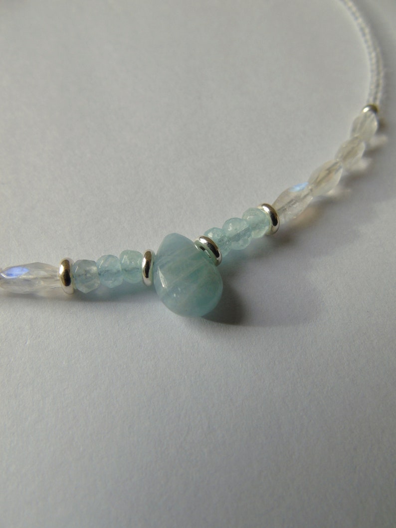 Aquamarine Necklace Rainbow Moonstone Aquamarine and Moonstone Choker Pastel Necklace Short Beaded Necklace Sea Mist Gemstone Choker