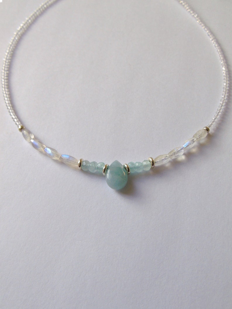 Aquamarine Necklace Rainbow Moonstone Aquamarine and Moonstone Choker Pastel Necklace Short Beaded Necklace Sea Mist Gemstone Choker