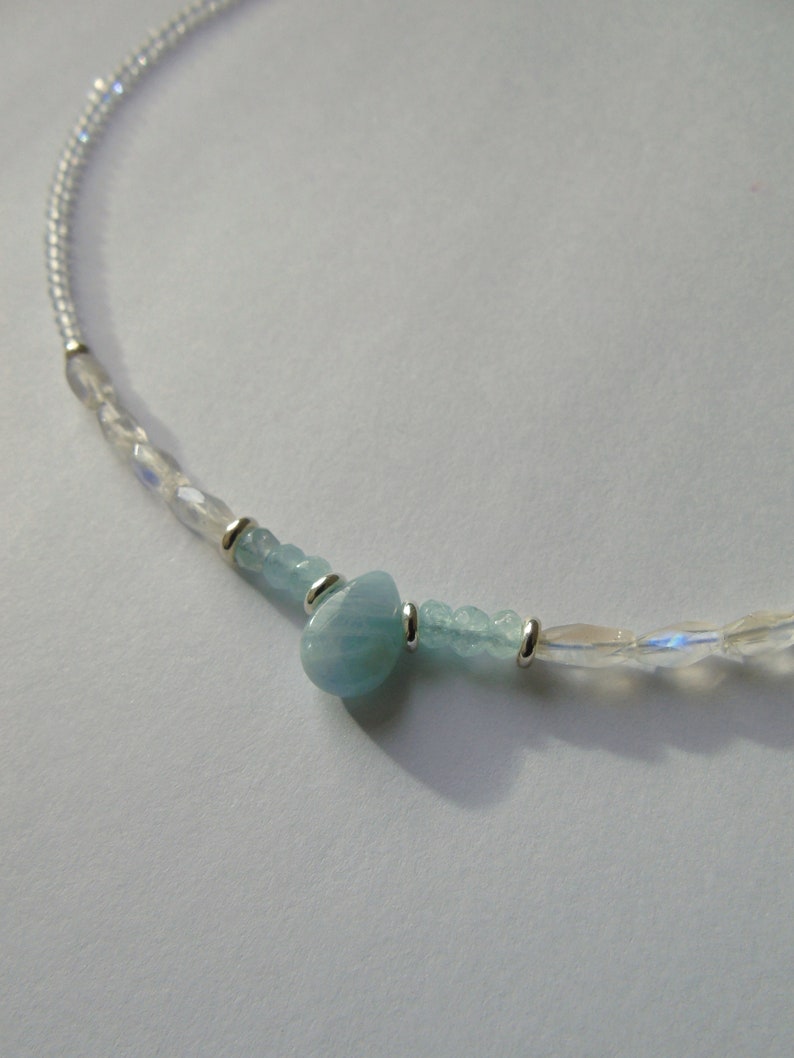 Aquamarine Necklace Rainbow Moonstone Aquamarine and Moonstone Choker Pastel Necklace Short Beaded Necklace Sea Mist Gemstone Choker