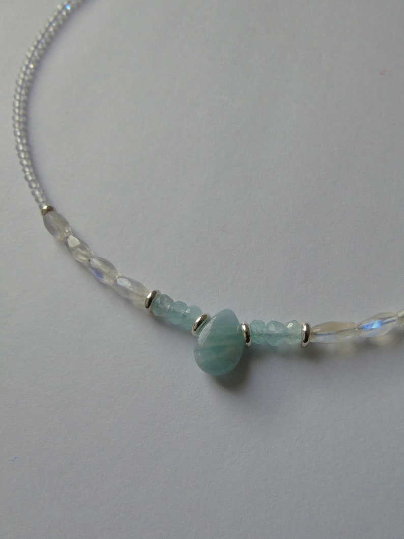 Aquamarine Necklace Rainbow Moonstone Aquamarine and Moonstone Choker Pastel Necklace Short Beaded Necklace Sea Mist Gemstone Choker