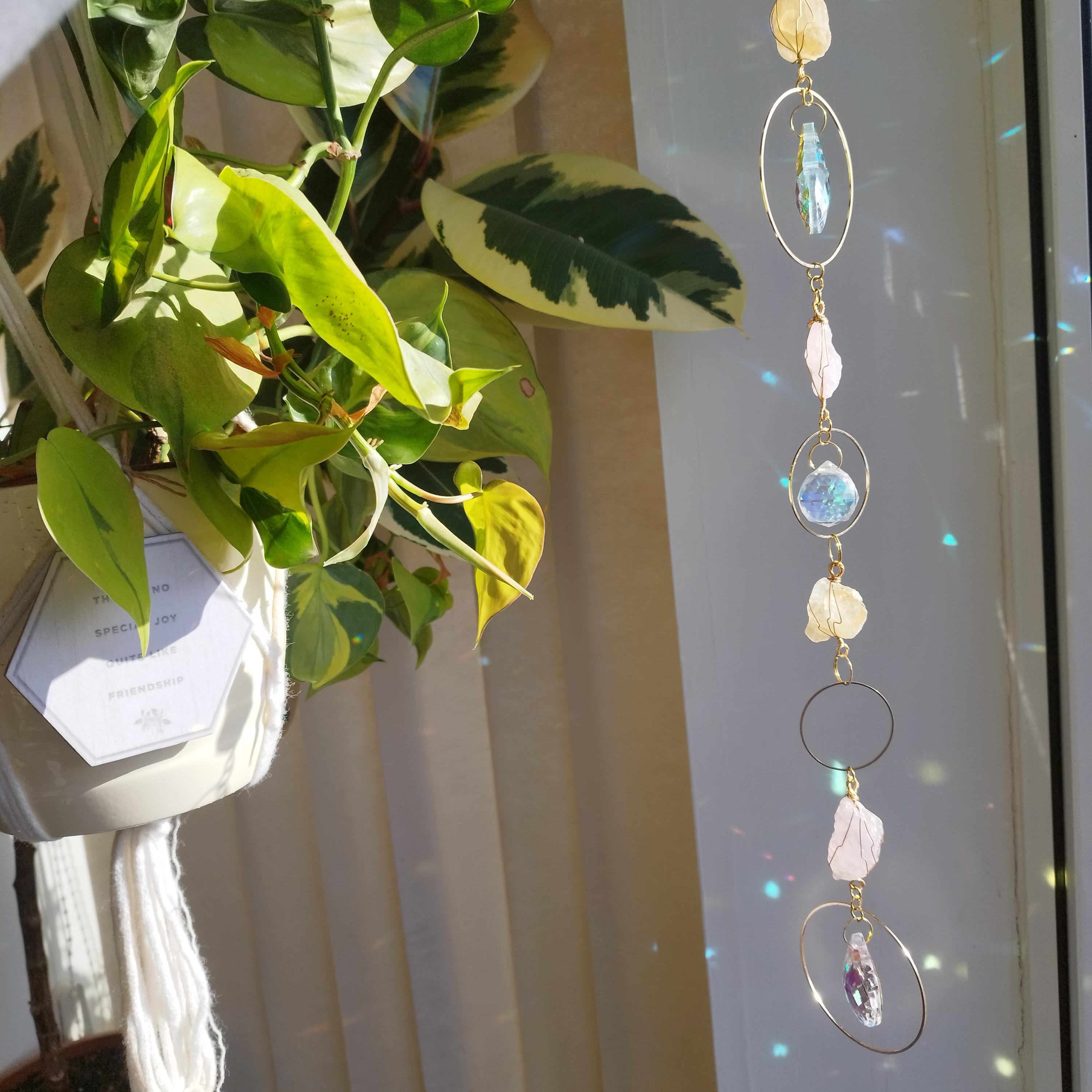 Handcrafted Sun Catcher with Rose Quartz & Citrine and Crystal Drops - Boho Window Decor - Window Suncatcher