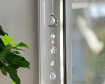 Silver Moon Suncatcher | Crystal Sun Catcher | Stunning Silver Window or Wall Suncatcher | Crystal Healing Gift
