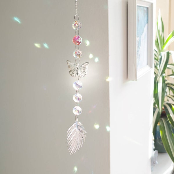 Butterfly & Feather Suncatcher | Crystal Sun Catcher | Stunning Silver Window or Wall Suncatcher | Crystal Healing Gift