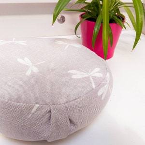 Dragonfly Zafu filled with Organic Buckwheat | Meditation Cushion in Woven 100% Cotton Fabric | Yoga Floor Seated Cushion