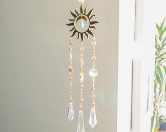 Stunning Gold Suncatcher | Crystal Sun Catcher | Moon Celestial Window Suncatcher | Crystal Home Decor | Summer Yoga Reiki Spiritual Gift