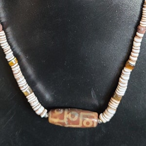 Unisex shell heishi and Tibetan dzi bead necklace