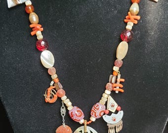 Coral and mother of pearl vintage jewelry assemblage charm necklace