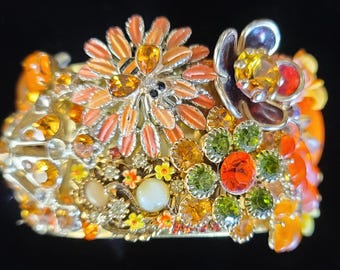 Orange floral vintage jewelry embellished brass cuff bracelet