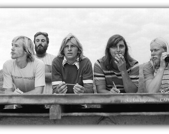 MONTAGUE SURFRIDERS Club judges during a competition in 1977.  Digital download image. MS_14. Surfing at Narooma, Australia. Eurobodalla