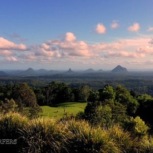 The Glass House Mountains Sunshine Coast. View from Mary Cairncross Scenic Reserve. Digital download stock image library. Visit Queensland