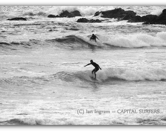 MONTAGUE SURFRIDERS Club member in a competition in 1977.  Digital download image. ddlsp MS_08. Surfing at Narooma, Australia