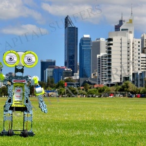 May include: A green and grey robot with large eyes and the word "Meccano" on its chest. The robot is standing on a grassy field with a city skyline in the background.